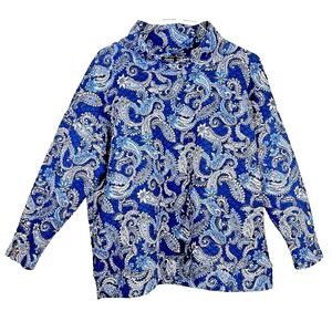 Jones New York Paisley Quilted Cowl Neck Dakota  Blue Purple Long Sleeve Top XXL